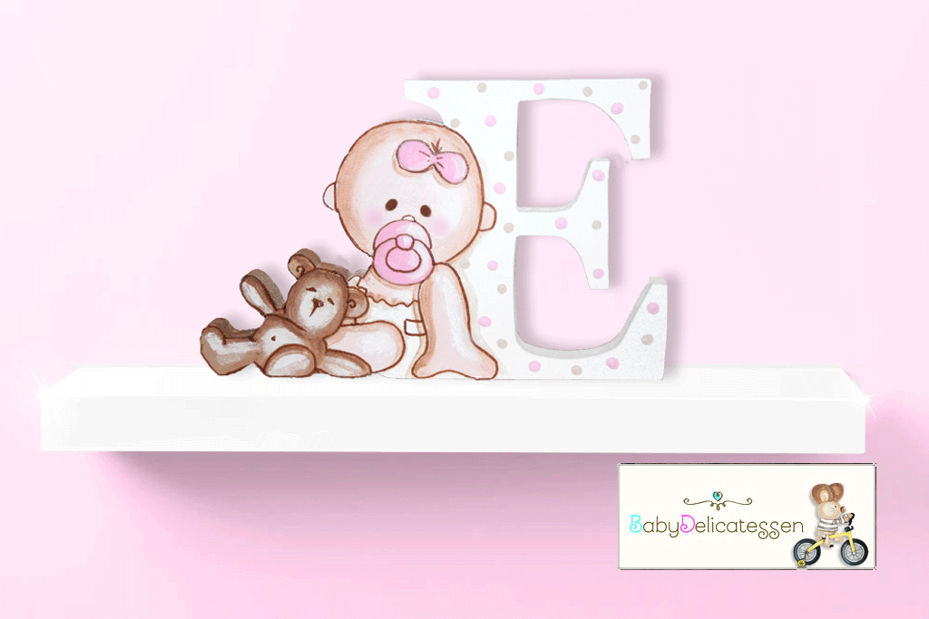 Inicial de madera con dibujo Bebé con osito 15 cm. de altura.
