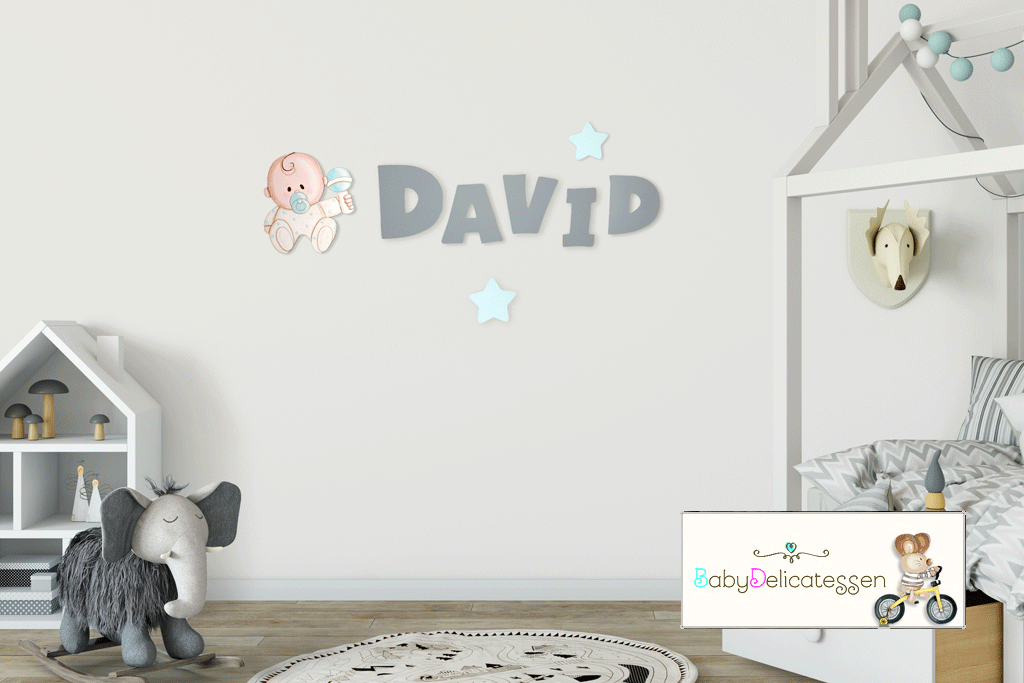 Letras de madera sueltas para pared tipo Baby con estrellas. 12 cm. de altura
