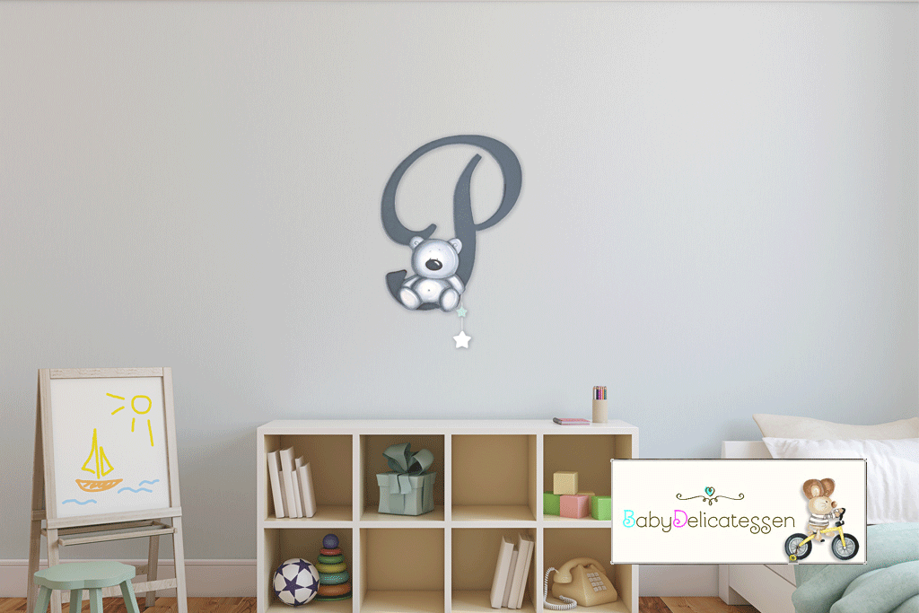 Letra de madera XL para pared 55 cm. de altura con osito.
