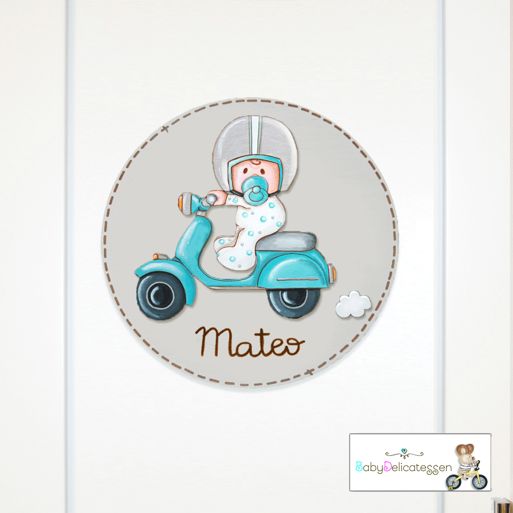 placa de puerta bebé en vespa