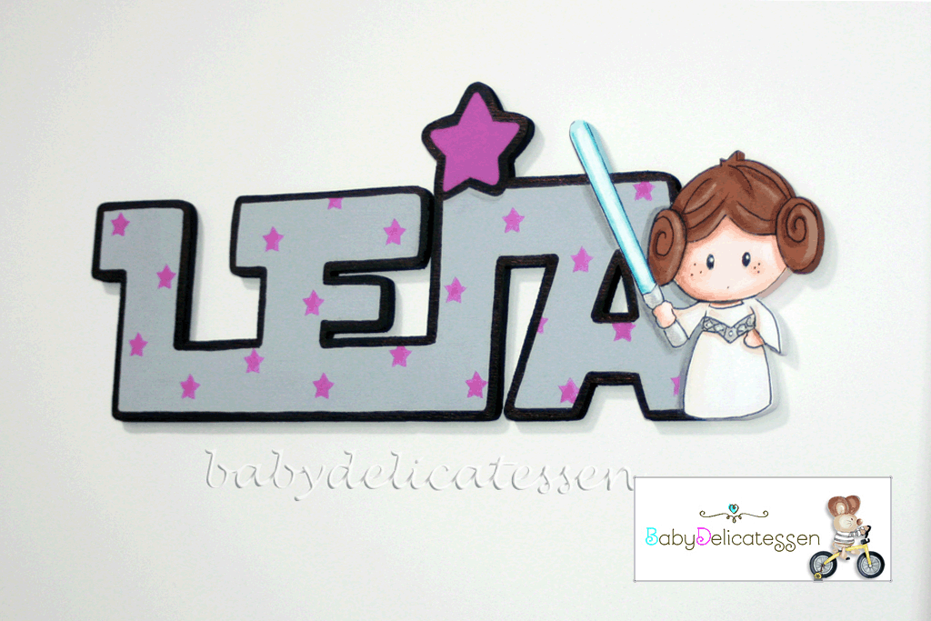 Nombre de madera para pared con Princesa Leia Star Wars. Largura 55 cm.
