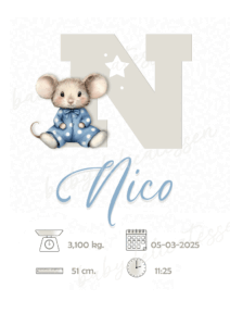 Lámina de nacimiento con inicial y ratón